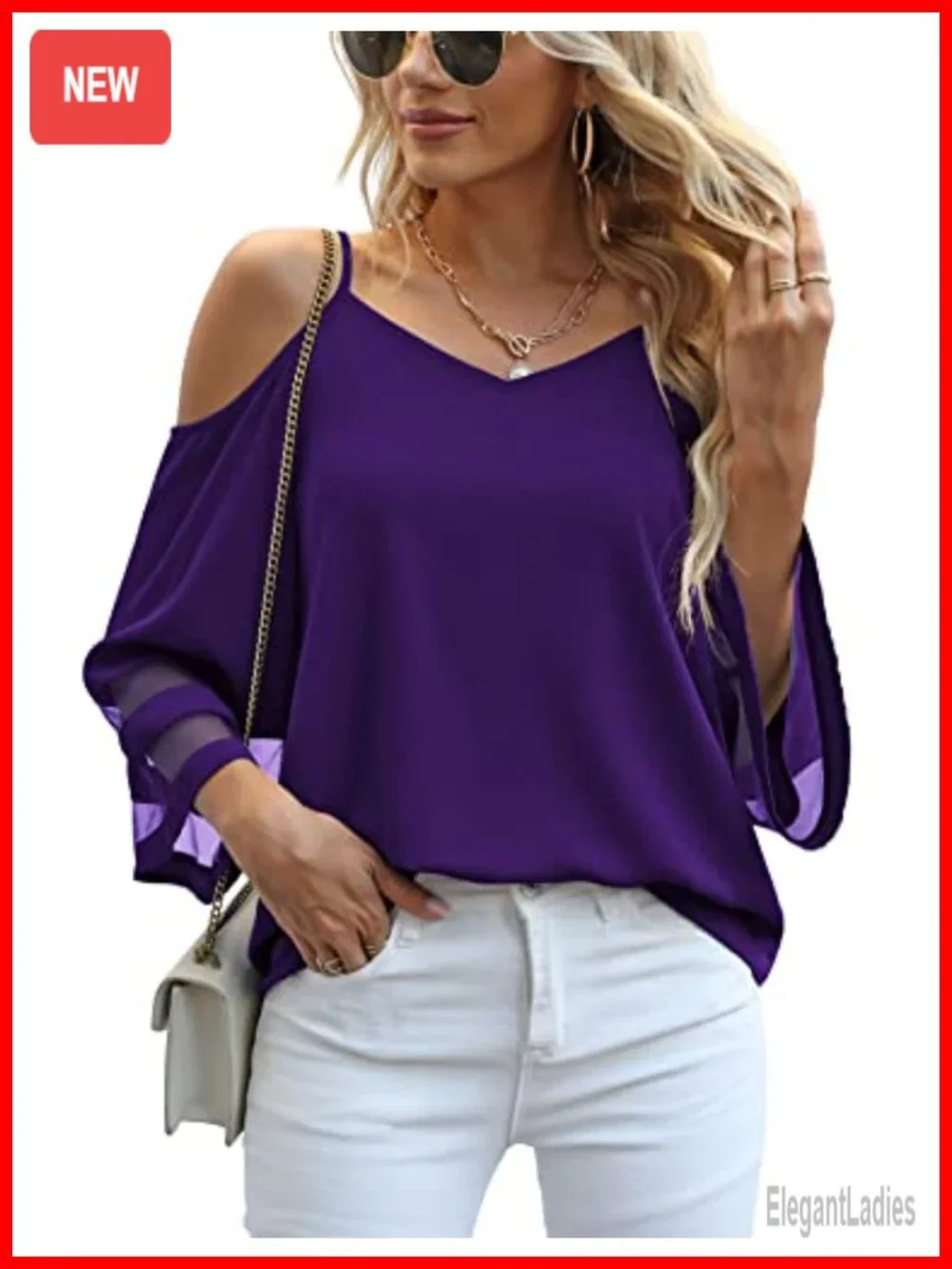 Cold Shoulder Mesh Panel Bell Sleeve Top Loose Fit Blouse
